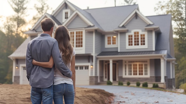 Photo rear view of young married couple chooses and buys house