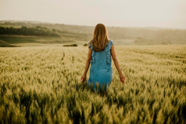 Rear view at young pregnant woman in blue dress in the summer field