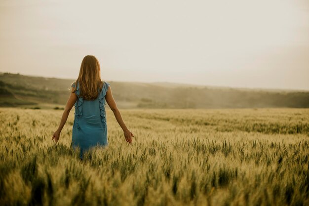 Rear view at young pregnant woman in blue dress in the summer field