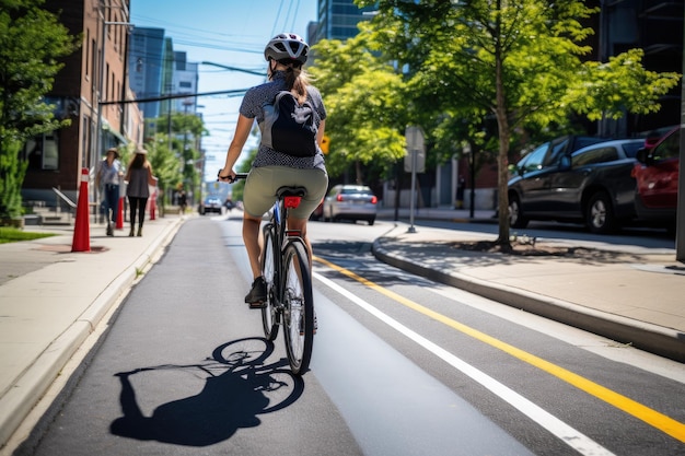 自転車に乗っている女性の後ろの景色 スタイリッシュな電気自転車で専用の自転車レーンを駆け抜ける人 AI生成