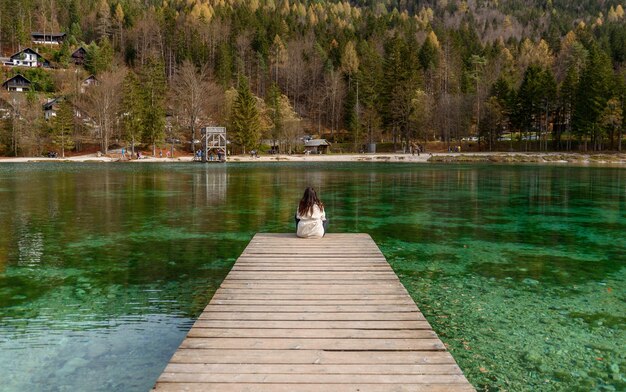 Rear view of young woman sitting on edge of wooden pier at green lake