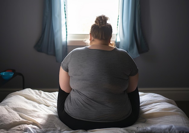 Rear view of young woman sitting on her bed and looking out of the window