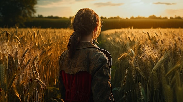 Rear view of a young woman in a wheat field at sunsetgenerative ai