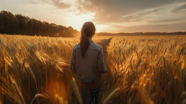 Rear view of a young woman in a wheat field at sunsetgenerative ai