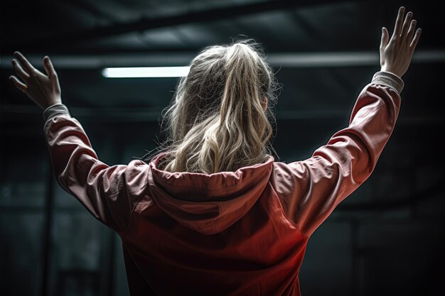 Rear view of young woman with arms outstretched standing in gym Young woman stretching by hands up in the air rear side view no face revealed no deformation AI Generated