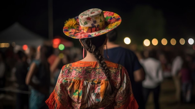 Rear view of a young woman with a Mexican hat at night