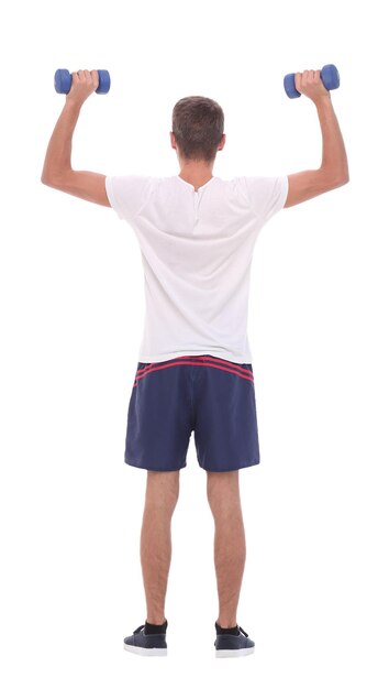 Rear viewyoung man with dumbbellsisolated on white background