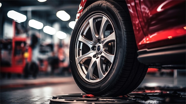 The rear wheel of a car is shown on a carpet