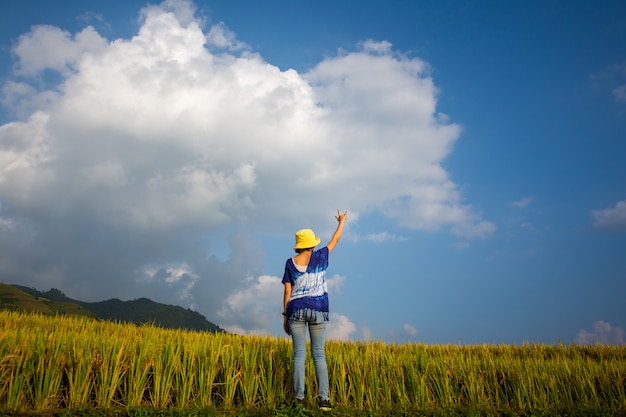 Rear of woman stand at rice field with sunny day and blue sky. 