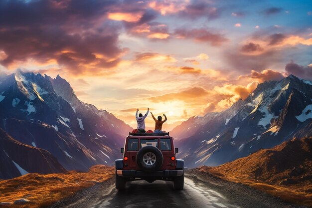 Foto vista posteriore di un'auto di lusso al tramonto