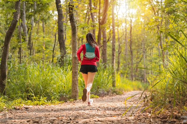 Rearview of adult Asian woman trail runner with running vest practices trail running in the forest