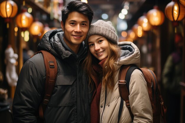 Photo rearview multiethnic couple travelling in japan tokyo happy young travelers exploring in city at snowy season ar 32 stylize 750 v 52 job id a9cc155b74eb4be38a6b9b718273f422