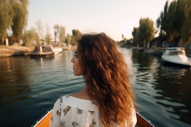 Rearview shot of an attractive woman in the boat park created with generative ai