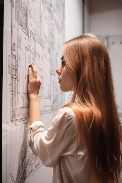 Фото Снимка сзади молодой женщины, смотрящей на некоторые архитектурные планы, созданные с помощью генеративного искусственного интеллекта