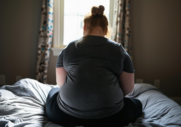 집 의 침대 에 혼자 앉아 있는 인식 할 수 없는 젊은 여자 의 뒷면 사진