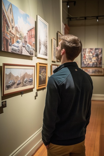 Rearview shot of a young man admiring an art display created with generative ai