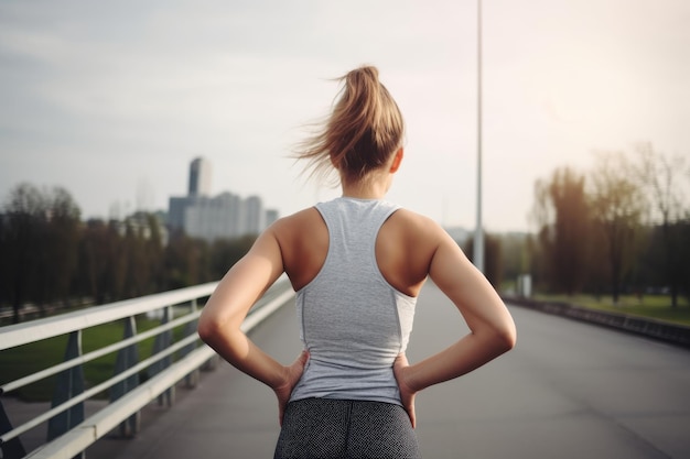 Rearview shot of a young woman holding her back in pain after a jog created with generative ai