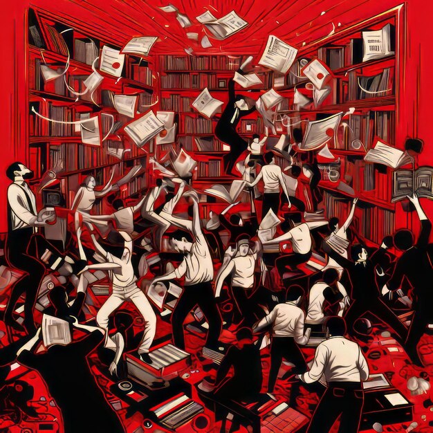 Photo rebel rhythm an obeystyle soiree with vibrant red and black dance amidst open books on a white can