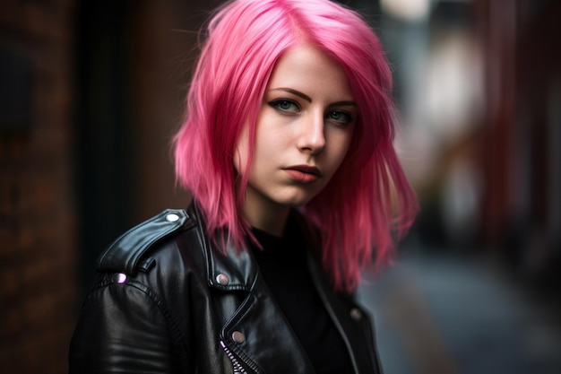 明るいピンクの髪と革のジャケットを着た女性の反抗的な美しさのポートレート