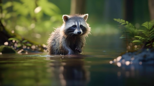 Reccoon animal in water HD 8K wallpaper background Stock Photographic Image