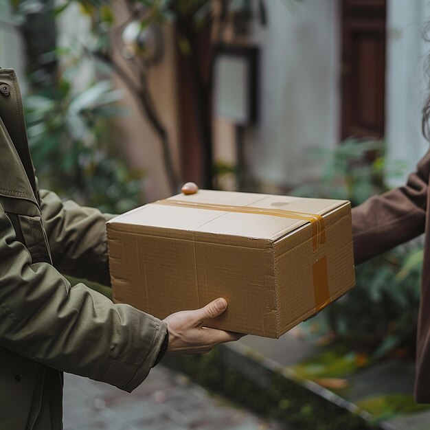 Photo receiving parcel box from delivery man at home generated by ai