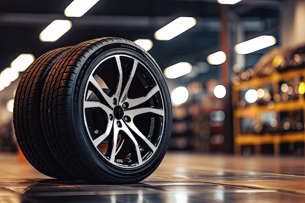 A recently stocked car with a blurred background and a tirechanging service center in focus can be