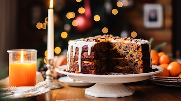 Recept voor kersttaart en zelfgebakken pudding met romig glazuur voor een gezellige wintervakantie thee in het Engelse landhuis, zelfgemaakte gerechten en kookinspiratie