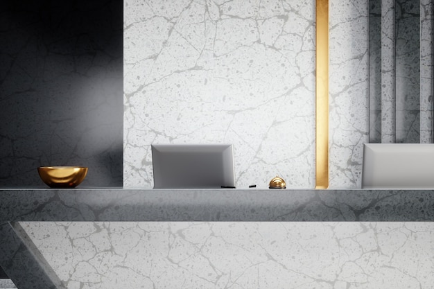 Receptie tafel Modern kantoor interieur met witte en donkere marmeren muren en receptie Modern Design luxe stijl mockup mock up 3D Render 3D illustratie