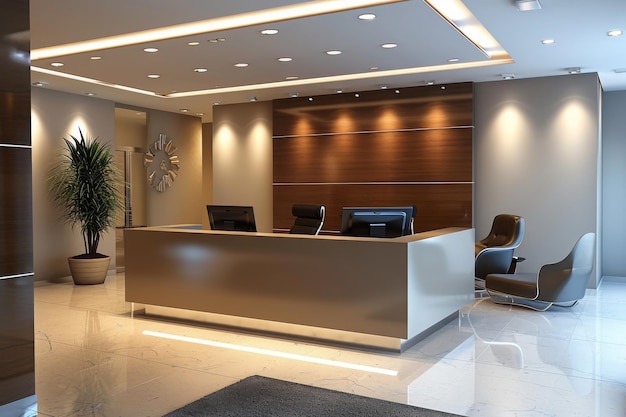 A reception area featuring a spacious desk and multiple chairs for guests Business office reception area AI Generated