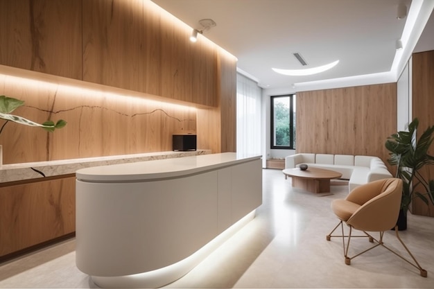 The reception area of the hotel is made up of wood and has a white reception desk.