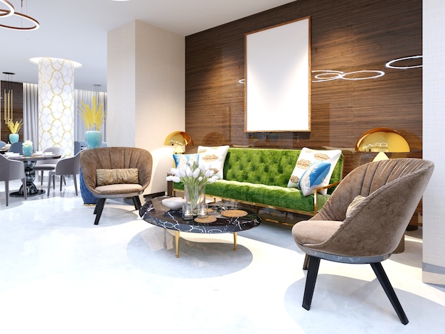 レセプションエリアとラウンジエリアには、2つのアームチェアと金属製の脚が付いた美しい色の家具ソファがあります。