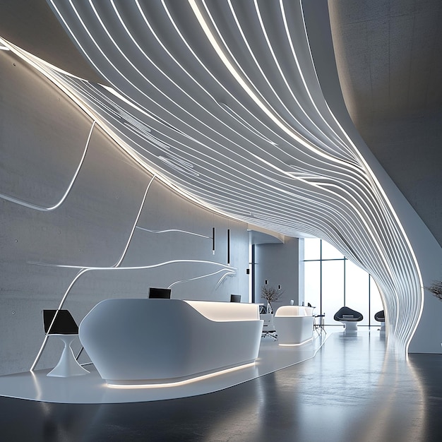 Reception Area in a Technology Company with Futuristic Design Elements