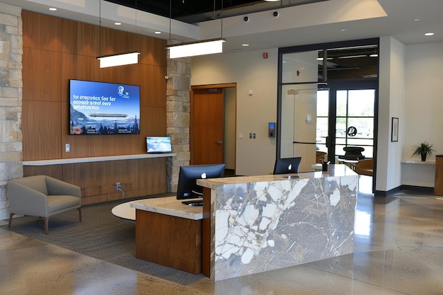 Photo reception area with a digital display showcasing company news and updates