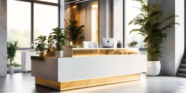 Reception counter in a modern corporate office with plants