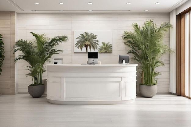 Reception interior with palm tree front desk and white door ar c v