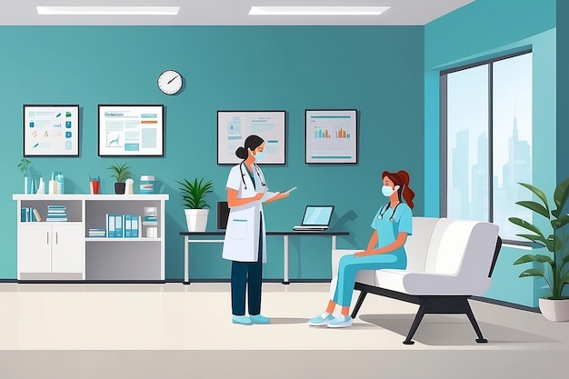 Reception medical center flat vector illustration doctor talking to nurse character Hospital waiting room interior Health and medicine concept female