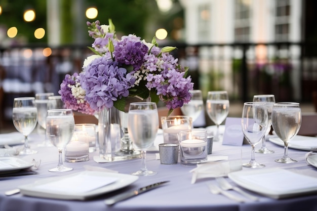 Photo reception table centerpiece featuring a birdcage filled with blooms