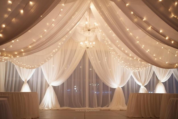 Reception venue ceiling adorned with draped fabric and twinkling lights
