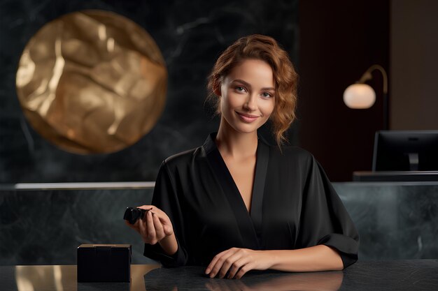 Receptionist Employee Holding Up Cash Card at Reception