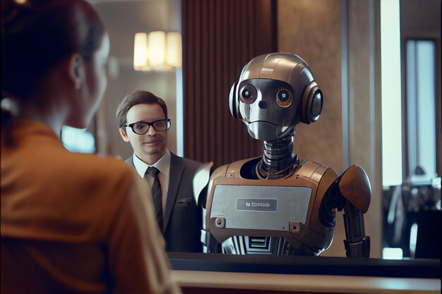 Receptionist robot ontmoet gasten in de lobby van het hotel Slim hotel Futuristische achtergrond