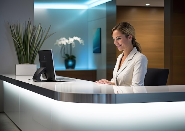 A receptionist sitting at a sleek modern desk surrounded by a minimalist office space The camera