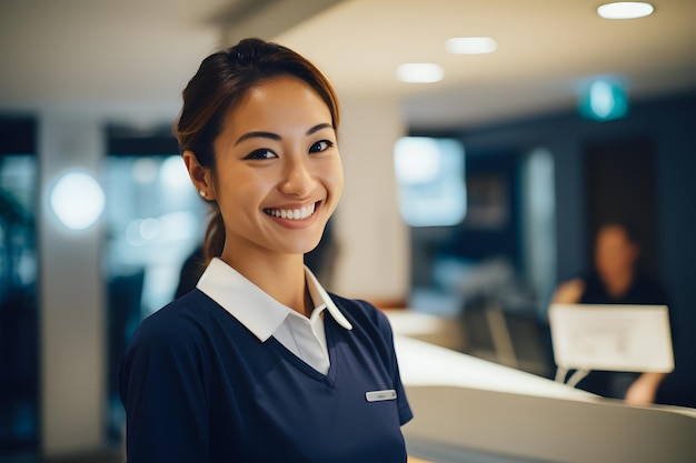 receptionist smile navy and white outfit