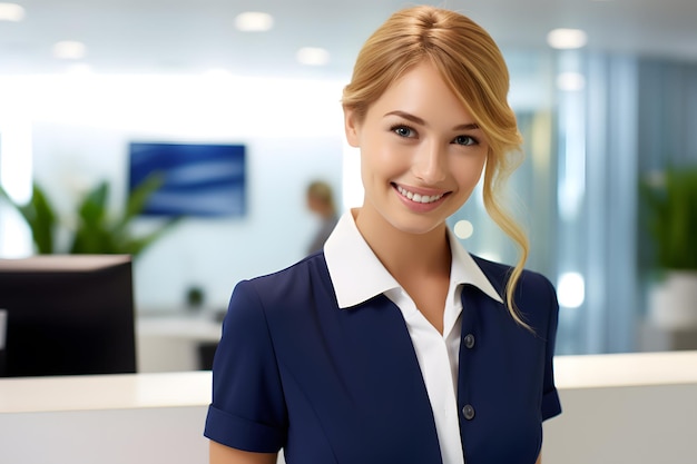 Photo receptionist smile navy and white outfit