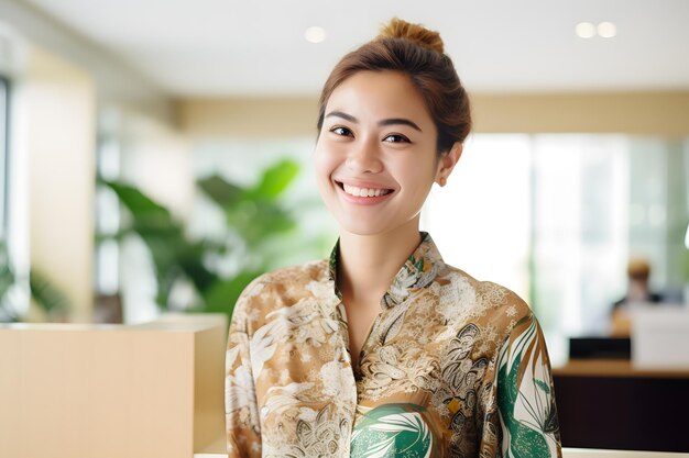 receptionist wearing batik outfit and smile