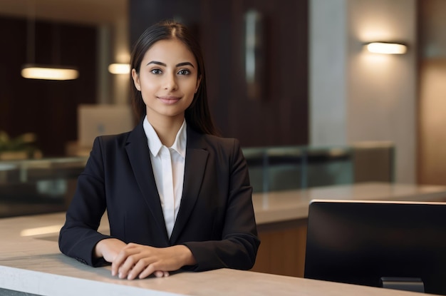 Foto receptionistevrouw bij bureaulobby gastvrije persoon bij ingangsbaliesalon genereer ai