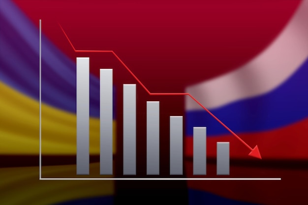 График рецессии и национальные флаги россии и украины на красном фоне