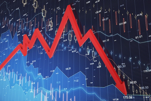 빨간색 화살표가 있는 화면 인터페이스의 경기 침체 주식형 차트