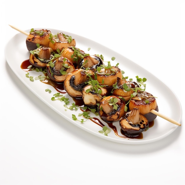 Photo receta vegetariana pinchos de champinones asados con ajo y vinagre balsamico