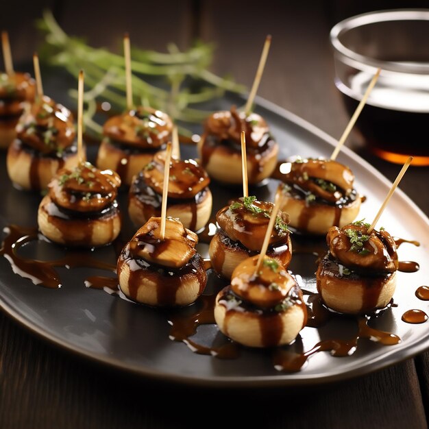 Photo receta vegetariana pinchos de champinones asados con ajo y vinagre balsamico