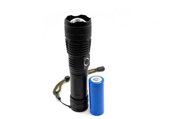 Rechargeable battery for flashlight Black metallic Led Flashlight isolated on white background Core Torch Zoom